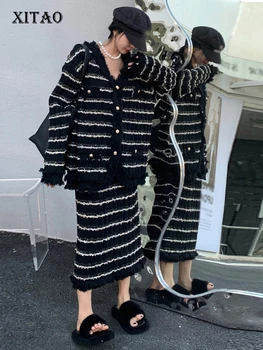 XITAO Dungi Femei din Două Piese Set Rochie V-gât Ciucure Decor de Tricotat Elegant Zeita Fan Show Subțire 2023 Primăvară SMH1448
