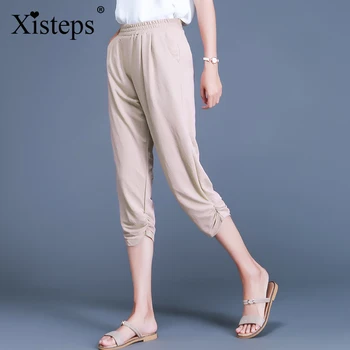 Xisteps Casual Șifon Largi Picior Vrac Solid Femei Pantaloni Vițel Lungime Cutat Talie Elastic 2020 Femlae Pantaloni