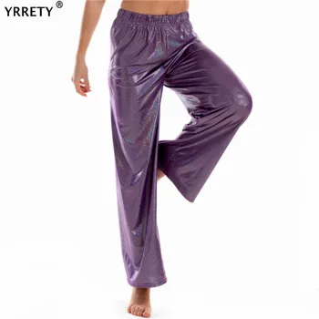 YRRETY Vara Largi Picior Pantaloni Pentru Femei Casual Elastic Talie Mare Moda Vrac Pantaloni Lungi Plisate Metalic Strălucitor Pantaloni Femme