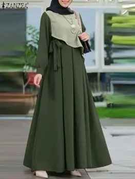 ZANZEA Moda Femei Musulmane Rochie de Toamna cu Maneci Lungi Mozaic Maxi Sundress Halat Femme Abaya Ramadan Turcia Haine Islamice