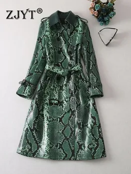 ZJYT Pistă de Moda Toamna Iarna din Piele PU Trench pentru Femei Elegant Dublu Rânduri Vintage Print Lung Canadiană Verde