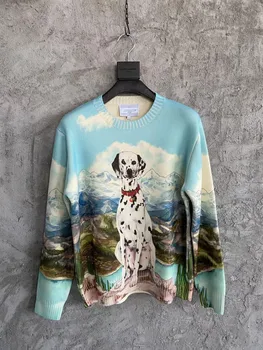 barbati 100% lana loc câine printuri echipajul gât pulover pulover