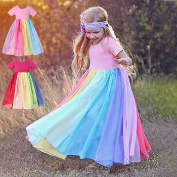rochie de petrecere pentru copii Fete de Vară Maneci Scurte Rochie de Culoare Curcubeu de Cusut Rochii pentru Copii Haine pentru Copii Rochie Pentru Fete