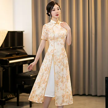 Îmbunătăți Elegant Mandarin Guler Broderie Aodai Sifon Qipao Maneci Scurte Cheongsam Tradiționale Retro Chineză Femei Rochie